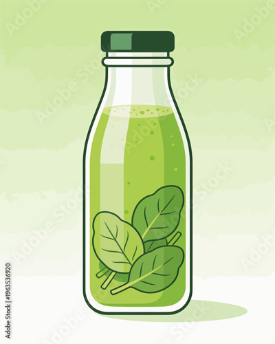 Fresh spinach juice in a clear glass bottle on a table 