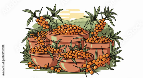 Harvest of ripe sea buckthorn berries in terra cotta pots under a sunset sky