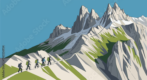 Hikers traverse a mountain path beneath jagged, snow-capped peaks