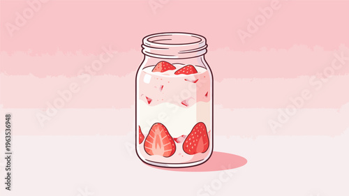 A jar of yogurt with strawberries and ice cubes on a table indoors.