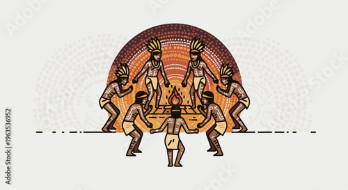 Indigenous people in traditional attire dance around a ceremonial fire under a sun-like arch