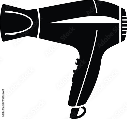 A sleek black hair dryer is displayed in a striking minimalist style silhouette high quality professional