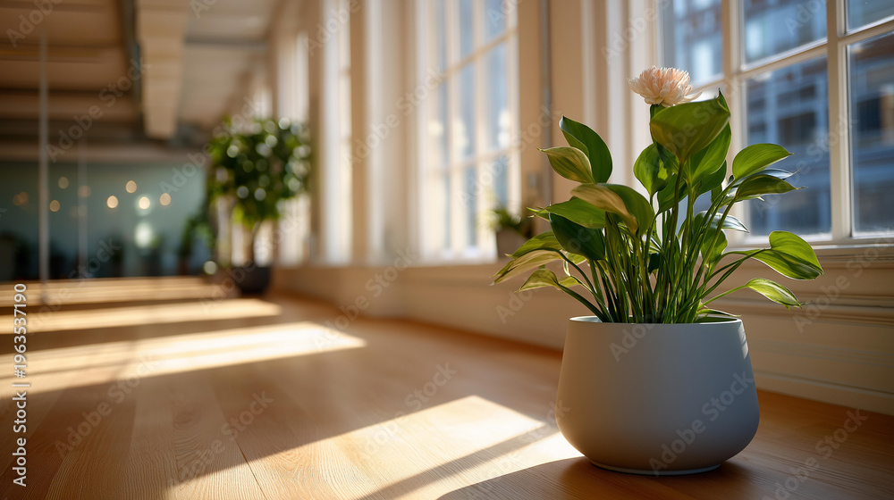 Fototapeta premium Bright wellness space with natural light and clean minimal design, health and wellbeing environment concept, defocused background, with copy space