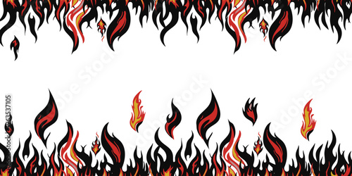 Black and Red Fire Border Vector Graphic with Central Copy Space, Dual Burning Flame Silhouettes Frame on White, Cartoon Style