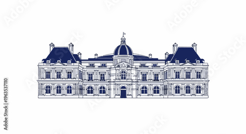 Ornate facade with arched windows, symmetrical wings, and domed cupola