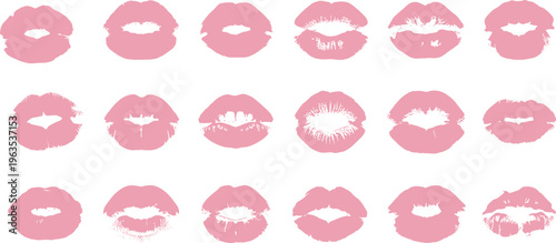 Collection of red lipstick kiss marks and lip print vector illustrations for beauty fashion and romantic celebration designs.