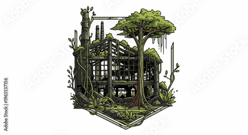 Overgrown ruins of a factory, vines and trees reclaiming nature's space