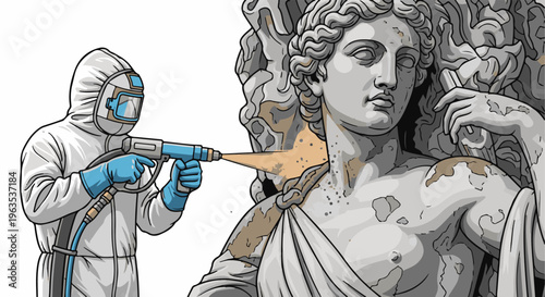 Person in protective suit sandblasting a weathered marble statue