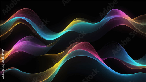 Abstract, flowing waves of vibrant color dance and weave gracefully against a deep black backdrop, creating a mesmerizing visual experience.