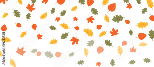 Falling Autumn Leaves Background with White Copy Space, Scattered Colorful Maple and Oak Leaf Vector Illustration, Seasonal Fall Banner Design