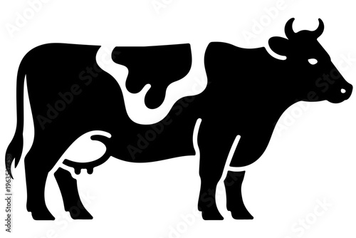 Black and white silhouette of a grazing cow with a calf