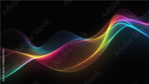 An abstract digital artwork showcasing vibrant, undulating waves of color against a dark backdrop. The composition is a visual representation of energy, rhythm, and motion.