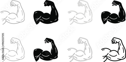 Muscle Arm Strength Icon Set with Flexed Biceps, Bodybuilding Power, Fitness Training, Gym Strength Symbol, and Athletic Silhouette Vector Collection