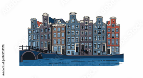 Canal houses in a row with a bridge over blue water