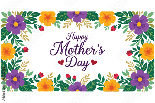Happy mothers day decorative floral border with colorful flowers and leaves.