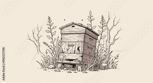 Rustic beehive surrounded by wild plants and dry branches