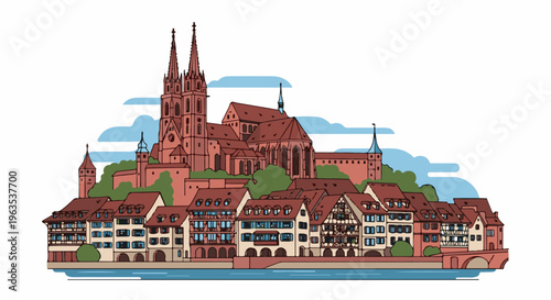Scenic riverfront town with gothic cathedral and historic buildings