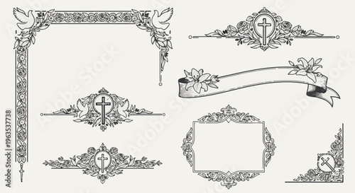 Ornate floral borders and dividers with religious and avian motifs
