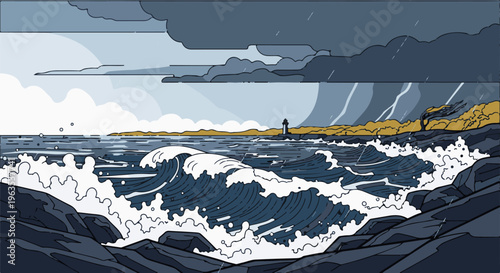 Stormy sea with crashing waves, distant lighthouse, and dark clouds