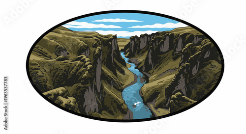 Stylized illustration of a river flowing through a rugged, verdant canyon
