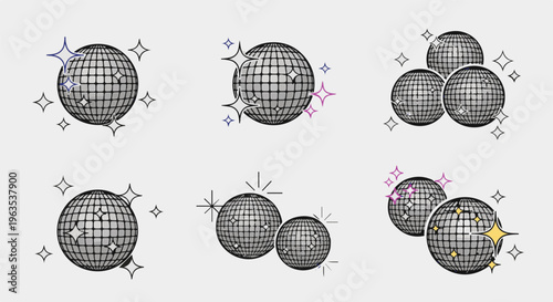 Various disco balls with sparkling starbursts, suggesting celebration and nightlife