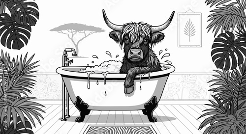Highland cow relaxing in a bubble bath surrounded by tropical plants