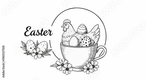 Whimsical Easter illustration with a hen, eggs in a teacup and flowers