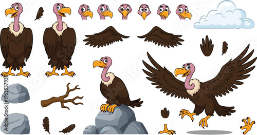 Cartoon Vulture Character Vector Set with Multiple Expressions, Wings, Poses, Rocks, Branches, and Feathers for Wildlife, Educational, and Animal Illustration Designs