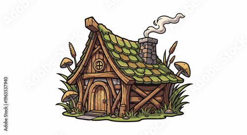 Whimsical wooden cottage with mossy roof, chimney smoke, mushrooms