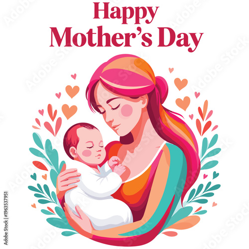 Happy mothers day illustration with mother holding newborn baby surrounded by hearts decor.
