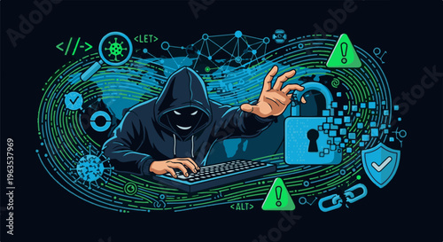 Hacker in hooded sweatshirt manipulating digital world with cyber threats