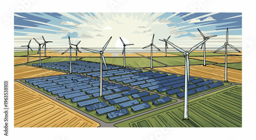 Expansive renewable energy farm with solar panels and wind turbines under a bright sun