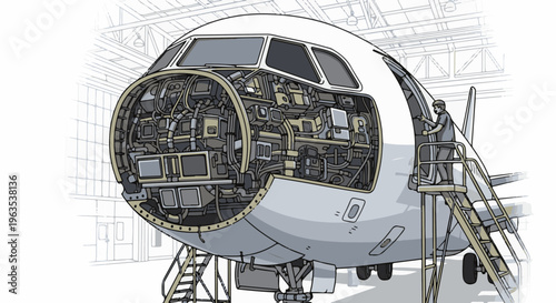 Detailed view of aircraft maintenance with a technician on a mobile stairway