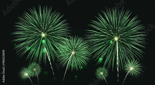 Green fireworks explode in the dark night sky