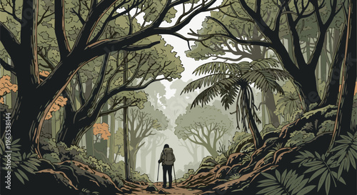 Hiker with backpack walks a forest trail amidst lush vegetation