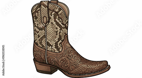 Detailed illustration of a brown cowboy boot with snake skin pattern