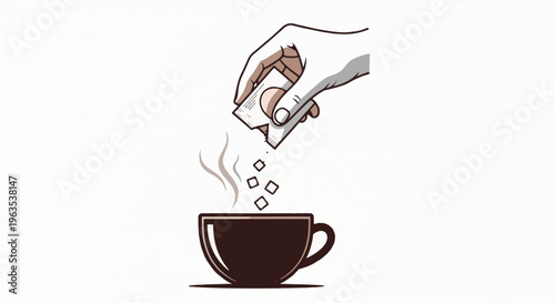 Hand adds sugar cubes to a steaming cup of coffee or tea