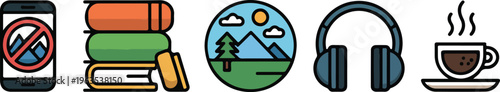 Digital detox and mindfulness concept icons set featuring no phone sign stack of books nature landscape headphones and coffee
