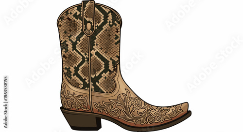Detailed leather cowboy boot with snake pattern and ornate floral stitching