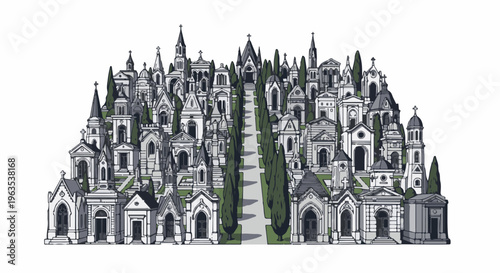 Hillside cemetery with ornate tombs and cypress trees