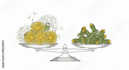 Dandelion blooms and seed heads balance a pile of young zucchini