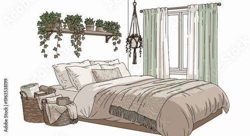 Cozy bedroom with a bed, plants, and baskets of blankets