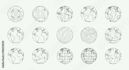 Multiple stylized globe illustrations with varied line art patterns and continent outlines