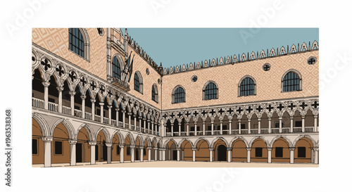 Ornate courtyard with arched walkways and decorative facade