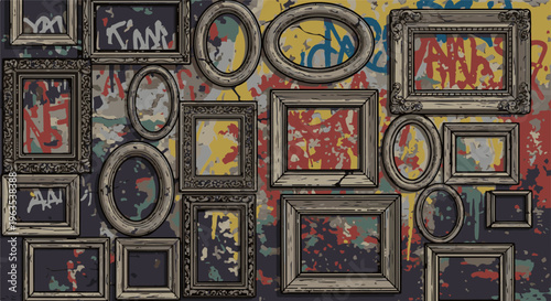 Ornate frames on a graffiti-splashed wall