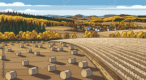 Pixelated autumn landscape with hay bales and village