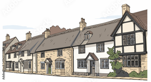 A row of quaint, varied homes line a paved street under a pale sky