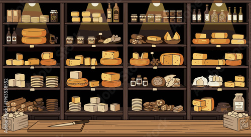 A rustic shop displays an abundance of various cheeses and food items on shelves