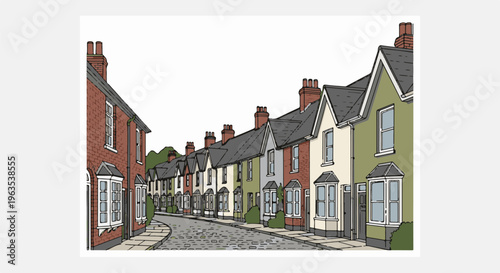 A picturesque row of colorful terraced houses line a cobbled street