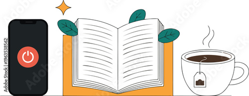 Digital detox concept with smartphone power off icon open book and hot cup of tea for mindfulness relaxation